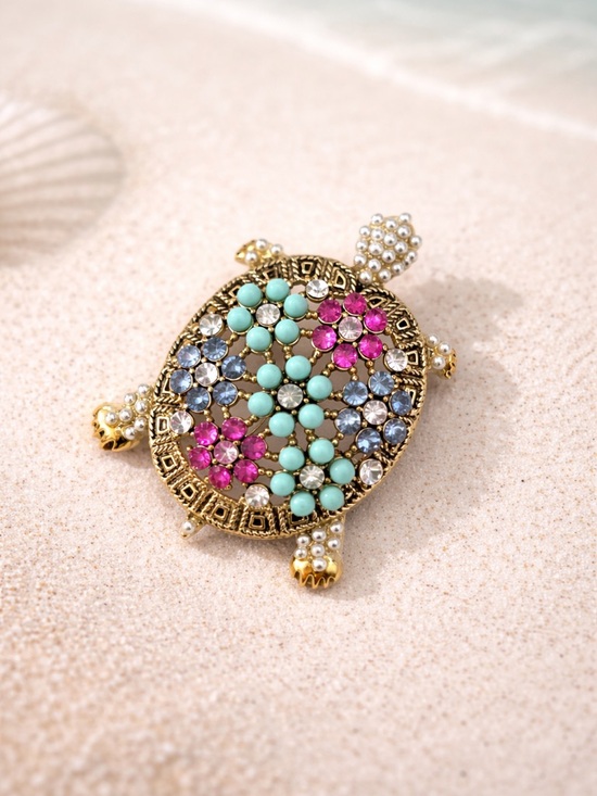 Jewelry - Gold-Tone Turtle Brooch with Pink, Blue and Turquoise Stones